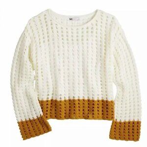 Crochet Knit Colorblock Sweater | Size M | Cream & Mustard | Cozy Boho